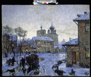 A Paisagem da Aldeia Russa "The Thaw" no fim do Inverno. Pintura de Konstantin (Constantin) Gorbatov (1876-1945) 1910 M. Kroshitsky Art Museum, Sevastopol