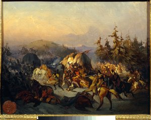 Cossacos russos atacam tropas francesas em trânsito, episódio da Batalha de Moskva (Borodino) em 1812 - Pintura de Konstantin Nikolayevich Filippov (1830-1878), óleo sobre tela, 30x38 cm - Cossacos russos atacam tropas francesas em trânsito de Konstantin Nikolaevich Filippov