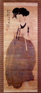 Art Coreen: Retrato de gueixa (Corean girl in geisha figurino). Impressão de 1758. Coleção particular. de Korean School