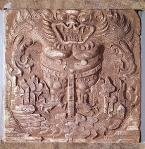 Arte coreana: tijolo terracota cinzento representando um monstro. Reino de Paekche (ou Paikchei ou Baekje), Coreia. Século VII. Museu Nacional da Coréia. de Korean School