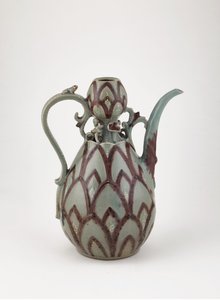 Ewer, meados do século XIII (grés com pigmento vermelho-cobre e branco sob vidrado de celadão) de Korean School