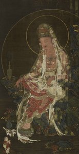 Rolo de suspensão representando um bodisatva Avalokiteshvara de ramo de salgueiro (Kwanseûm Posal) sentado num Jardim do Paraíso, dinastia Koryô (tinta, cor e ouro em seda)