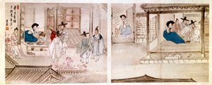 Arte coreana: cenas na casa de uma gueixa. Impressão de 1758. Colecção privada.