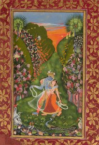 Radha e Krishna Walk in a Flowering Grove recto, Krishna Fluting verso, c1720 r, c1750-75 v de Kota Master