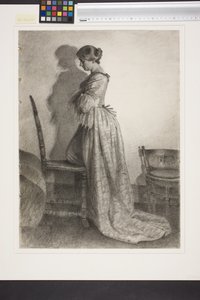 Marie Grubbe, logo após o divórcio de Ulrik Frederik Gyldenløve. Figura completa em pé de perfil à esquerda