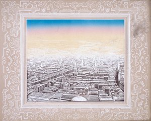 Vista aérea de Londres emoldurada por uma borda decorativa, c1845