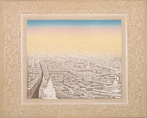 Vista aérea de Londres emoldurada por uma borda decorativa, c1845