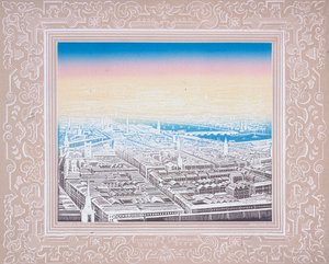 Vista aérea de Londres emoldurada por uma borda decorativa, c1845.