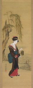 Beleza com pirilampos, início de 1800 (tinta e cor sobre seda) de Kubo Shunman