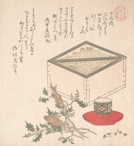 Ervilhas Verdes em Medida e Sprays de Hollyhock com Cabeça de Sardinha..., século XIX. de Kubo Shunman