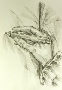 Mão a segurar uma caneta médica de Kulik