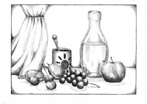 Desenho a lápis de uma natureza morta de Kulik