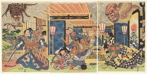 Minamoto no Yorimitsu e os seus retentores derrotam a aranha da terra, c. 1804-1818 (xilogravura (nishiki-e); tinta e cor sobre papel)