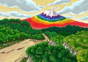 Uma única estrada e o Monte Fuji com as cores do arco-íris, 2023 (pintura digital)