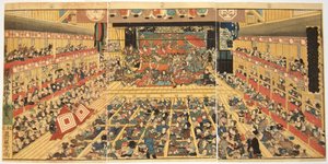 Odori-keiyo Edo-e no Sakae: Interior do teatro com performance de Shibaraku, 1858