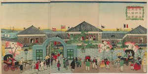 Imagem da prosperidade dos estabelecimentos mercantis ao longo de Nakadouri no Yokohama, era de Meiji, 1870 (impressão do woodblock da cor) de Kuniteru II Utagawa
