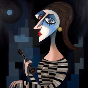 Mulher trovadora 3D com a sua guitarra na noite de luar 1
