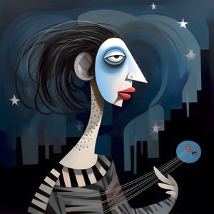 Mulher trovadora 3D com a sua guitarra na noite de luar 3