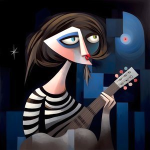 Mulher trovadora 3D com a sua guitarra na noite de luar 4