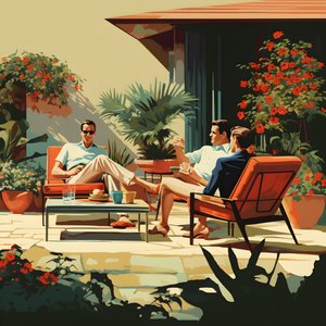 3 amigos a relaxar no jardim com uma bebida ou 2 2