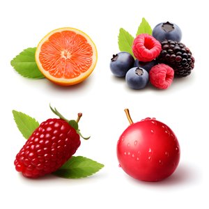 4 frutos e bagas isolados num conjunto de fundo branco. 3