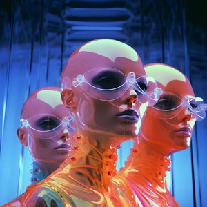 6 mulheres com máscaras de plástico fluorescentes paramétricas 3d numa arquitetura surrealista e paramétrica do futuro, 1