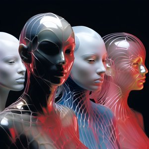 6 mulheres com máscaras de plástico fluorescentes paramétricas 3d numa arquitetura surrealista e paramétrica do futuro, 4