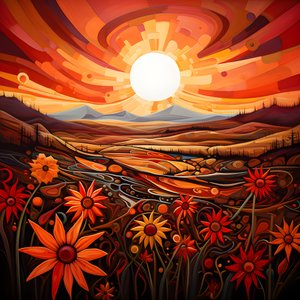 Arte abstrata de paisagem com um campo de flores silvestres e um sol vermelho arrojado. 4