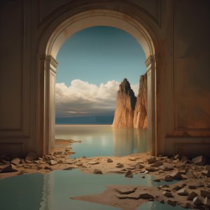Uma imagem de uma sala não utilizada com um enorme lago e um deserto num enorme buraco, com um futuro de alto contraste e tons quentes de claro-escuro 1