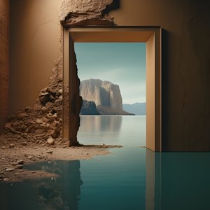 Uma imagem de uma sala não utilizada com um enorme lago e um deserto num enorme buraco, com um futuro de alto contraste e tons quentes de claro-escuro 3
