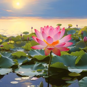 Grandes e belas flores de lótus desabrocham na superfície da água límpida, folhas de lótus verdes e orvalho nas flores de lótus. O pôr do sol brilha na superfície da água 2