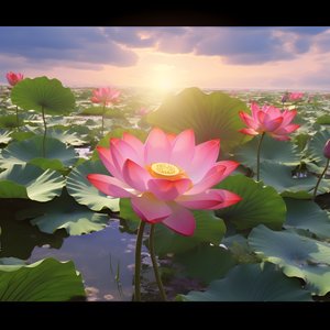 Grandes e belas flores de lótus desabrocham na superfície da água límpida, folhas de lótus verdes e orvalho nas flores de lótus. O pôr do sol brilha na superfície da água 3