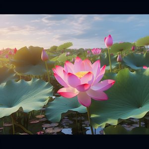 Grandes e belas flores de lótus desabrocham na superfície da água límpida, folhas de lótus verdes e orvalho nas flores de lótus. O pôr do sol brilha na superfície da água 4