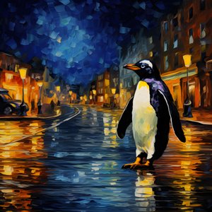 Um pinguim de fato caminha pela rua 2