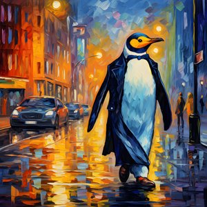 Um pinguim de fato caminha pela rua 4