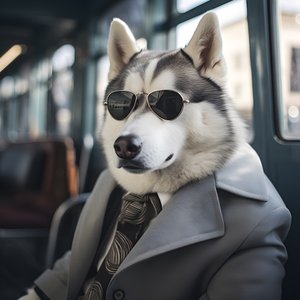 Um cão Husky Siberiano de fato e óculos de sol na estação de autocarros, como um cavalheiro 1