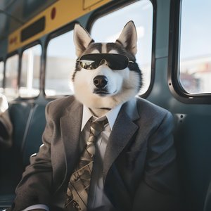Um cão Husky Siberiano de fato e óculos de sol na estação de autocarros, como um cavalheiro 2