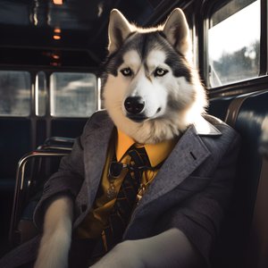 Um cão Husky Siberiano de fato e óculos de sol na estação de autocarros, como um cavalheiro 4