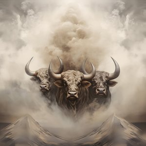 Uma pintura em tela abstrata fractal, textura bege-branca-fumo. 3 touros negros emergindo do fumo com o Monte Ararat no horizonte. Poses que fazem lembrar os touros de Wall Street em Nova Iorque. 1