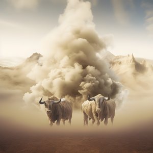 Uma pintura em tela abstrata fractal, textura bege-branca-fumo. 3 touros negros emergindo do fumo com o Monte Ararat no horizonte. Poses que fazem lembrar os touros de Wall Street em Nova Iorque. 2