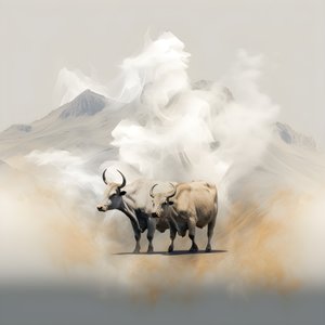 Uma pintura em tela abstrata fractal, textura bege-branca-fumo. 3 touros negros emergindo do fumo com o Monte Ararat no horizonte. Poses que fazem lembrar os touros de Wall Street em Nova Iorque.  3