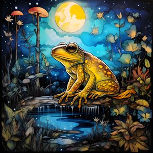 Uma rã amarela na floresta, lua, rio 1