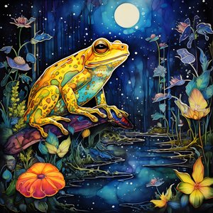 Uma rã amarela na floresta, lua, rio 2