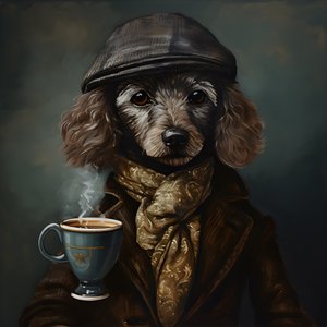 Um caniche sofisticado bebe uma chávena de chá, veste uma camisola de gola alta e um boné, fundo fumado 1