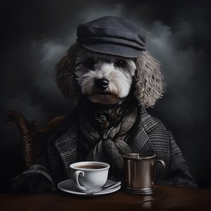 Um caniche sofisticado bebe uma chávena de chá, veste uma camisola de gola alta e um boné, fundo fumado 2