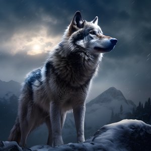 Um majestoso lobo cinzento no pico de uma montanha coberta de neve 4