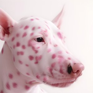 Fascinante grande plano de porco cor-de-rosa sobre manchas brancas de animal dálmata em padrão moiré 1