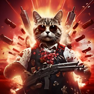 Cartaz de filme de um gato com uma camisa de bolinhas pretas e brancas e óculos de sol brilhantes, com explosões e canhões em fundo 1