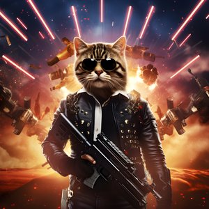 Cartaz de filme de um gato com uma camisa de bolinhas pretas e brancas e óculos de sol brilhantes, com explosões e canhões em fundo 2