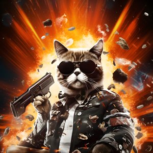 Cartaz de filme de um gato com uma camisa às bolinhas pretas e brancas e óculos de sol brilhantes, com explosões e canhões em fundo 3